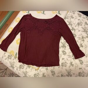 American Eagle Outfitters Burgundy Lace 3/4 Sleeve Crop Top